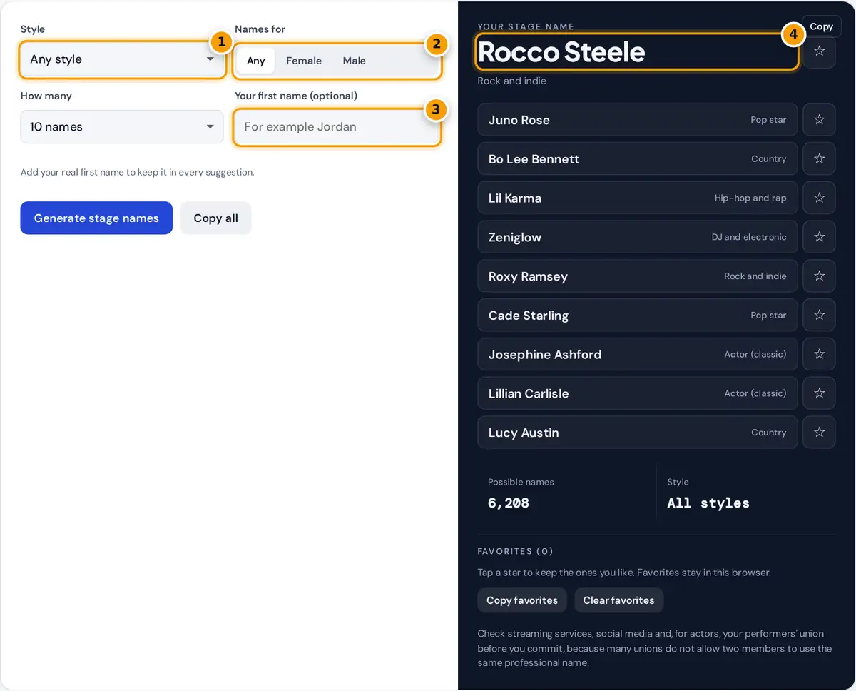 How to use the stage name generator: choose genre and gender, add your first name, then save favorites