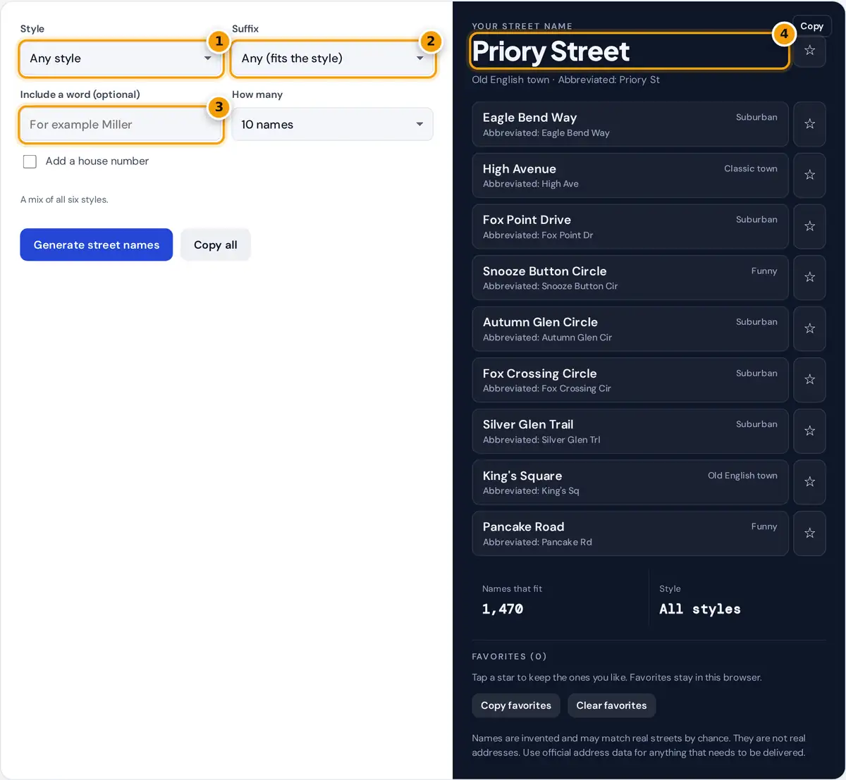 How to use the street name generator: pick a style and suffix, add a word, then copy or save street names