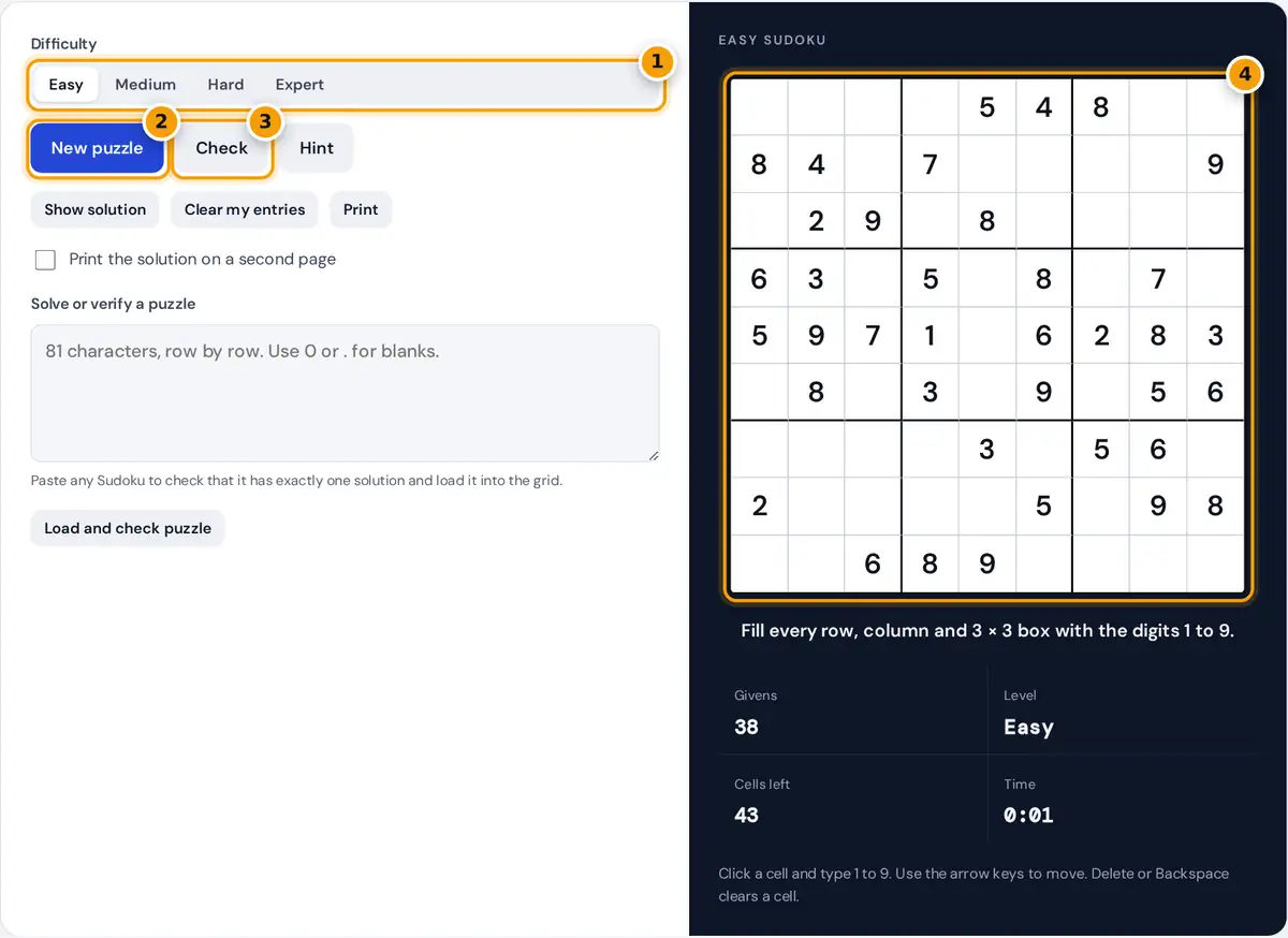 How to use the Sudoku generator: choose a level, play in the grid, check answers and print
