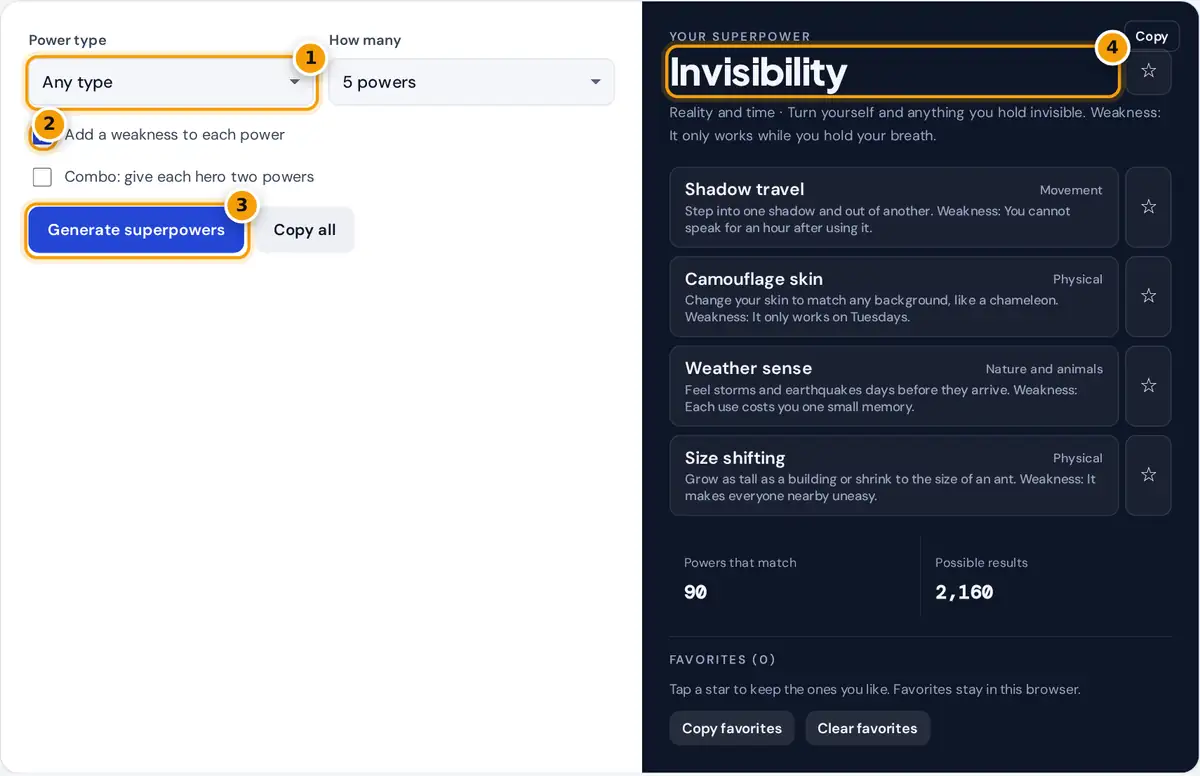 How to use the superpower generator: choose a type, add weaknesses, generate and save favorite powers