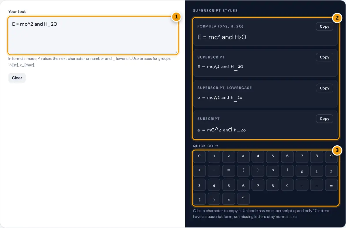 How to use the superscript generator: type text with ^ and _, choose a style, then copy the superscript text
