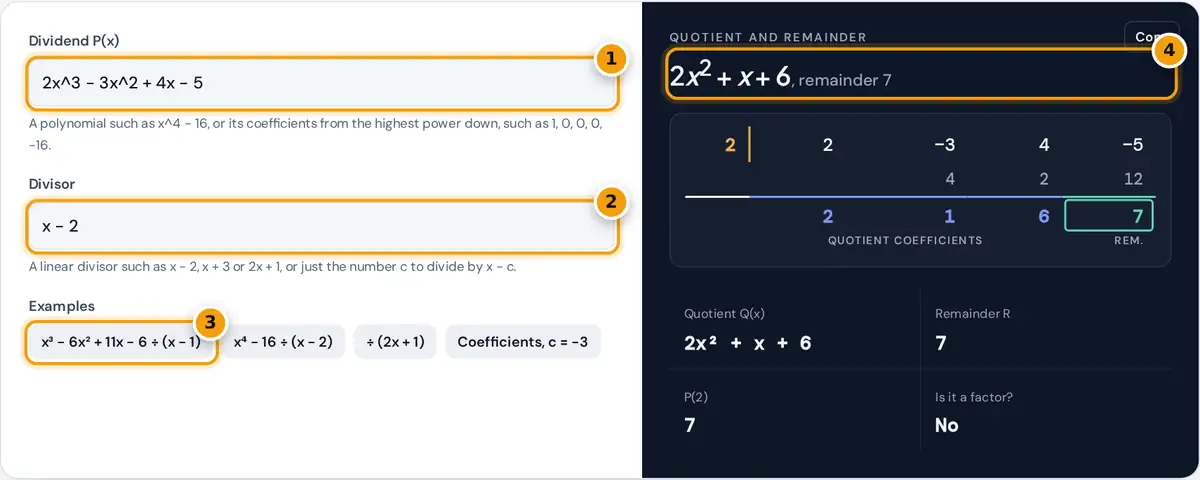 How to use the Synthetic Division Calculator: dividend, divisor, examples and the quotient with its tableau