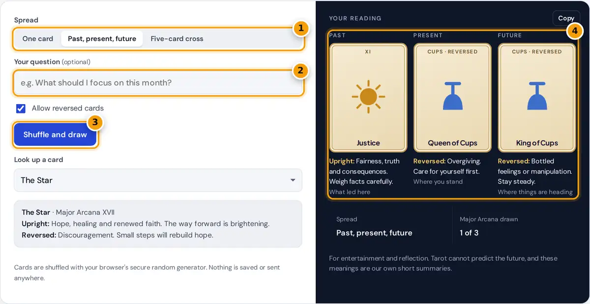 How to use the random tarot card generator: pick a spread, add a question, shuffle and draw, read the cards
