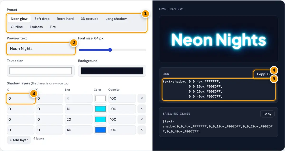 How to use the text shadow generator: pick a preset, edit text and layers, copy the CSS