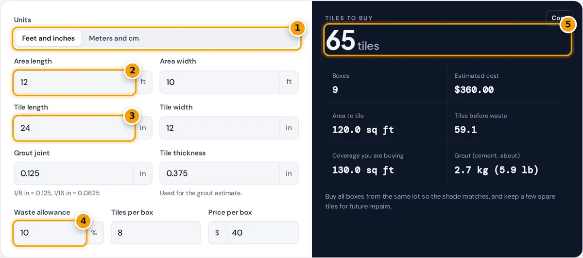 How to use the tile calculator: choose units, enter area and tile size, set waste and box size, then read tiles needed