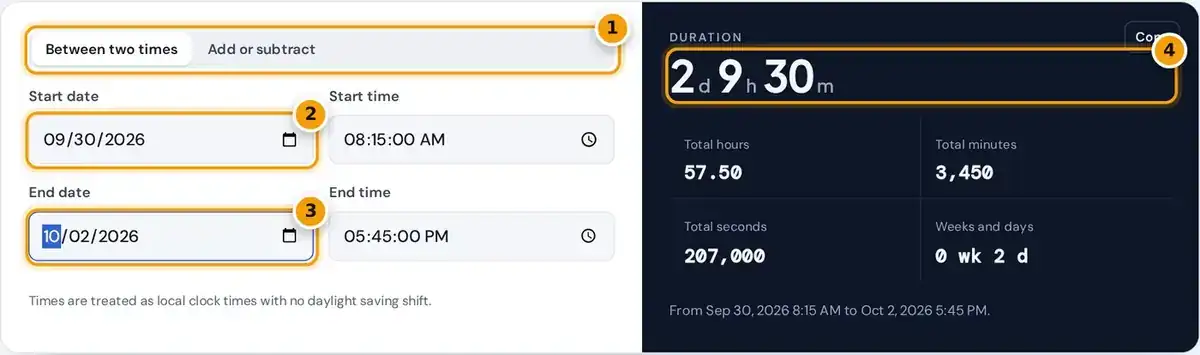 How to use the time duration calculator: choose a mode, enter start and end dates and times, then read the duration.