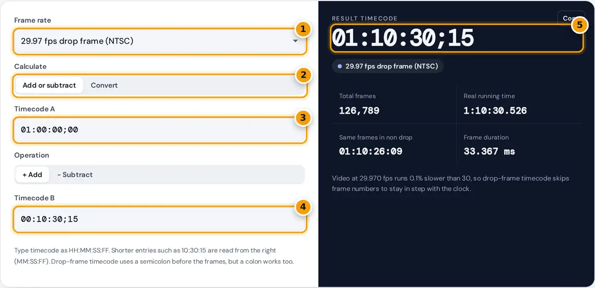 How to use the timecode calculator: pick a frame rate, enter two timecodes, read the result