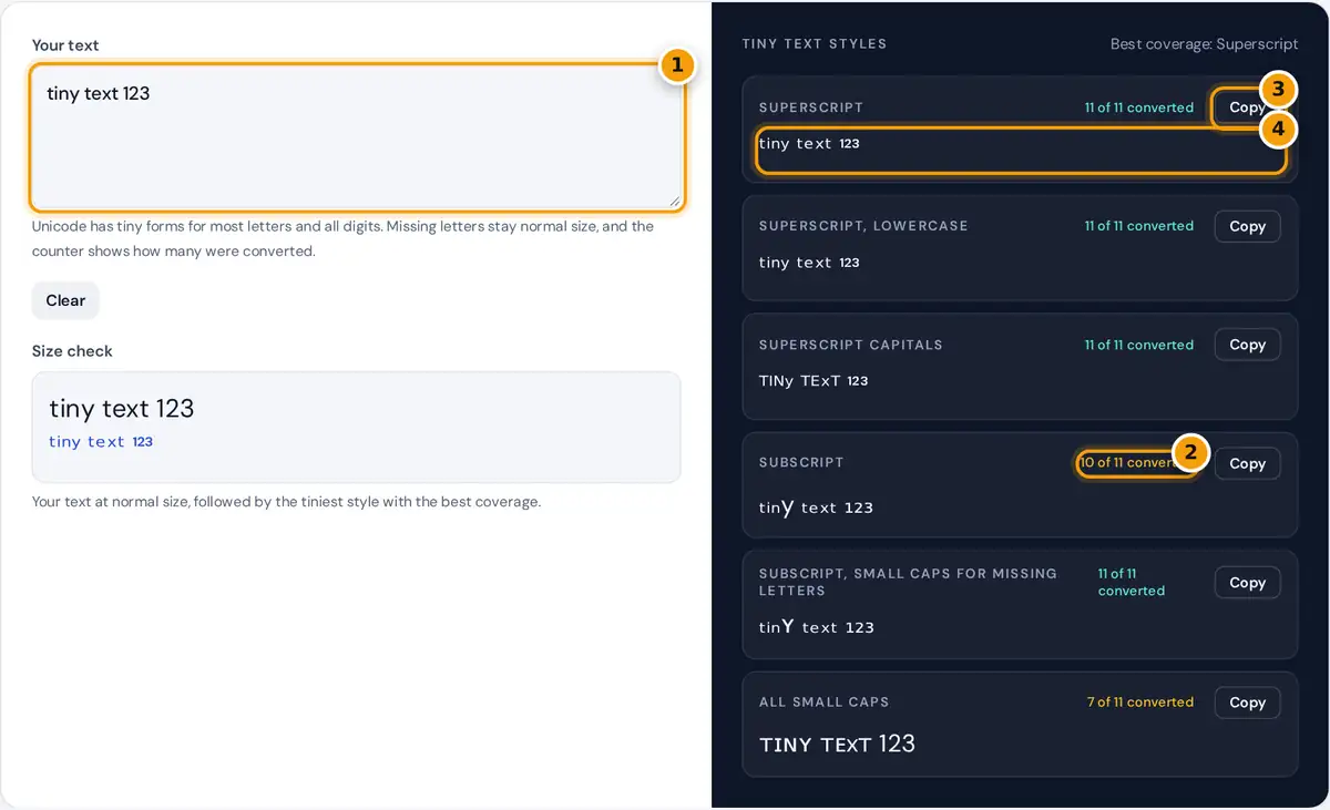 How to use the tiny text generator: type text, compare coverage counts, copy the best style and paste it
