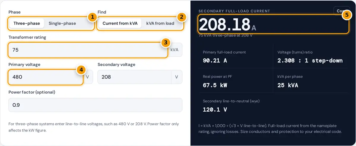 How to use the transformer calculator: choose phase and mode, enter kVA and voltages, then read the currents