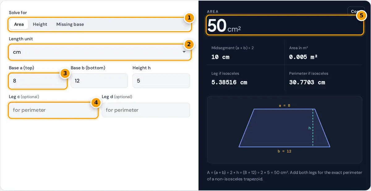 How to use the Trapezoid Area Calculator: solve-for switch, unit, bases, height and area