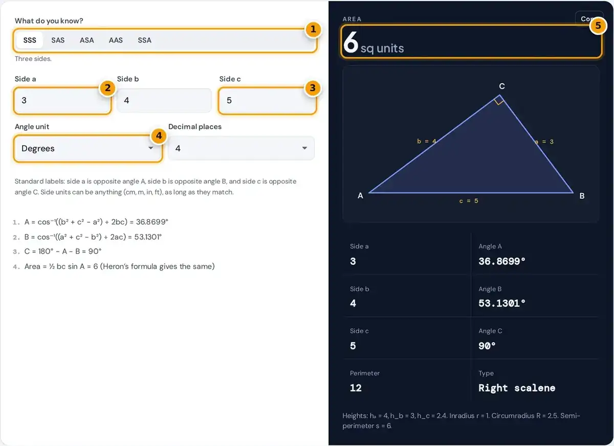 How to use the triangle calculator: choose SSS, SAS, ASA, AAS or SSA, enter values, pick units, read the area