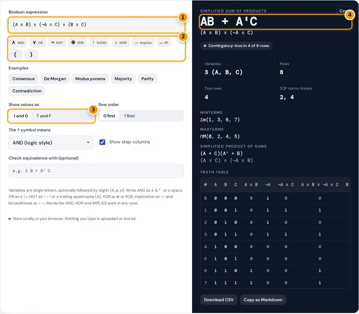 How to use the truth table calculator: enter an expression, insert operators, pick a value format and read the simplified SOP