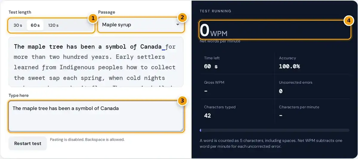 How to use the typing speed test: pick a length and passage, type, then read your WPM and accuracy