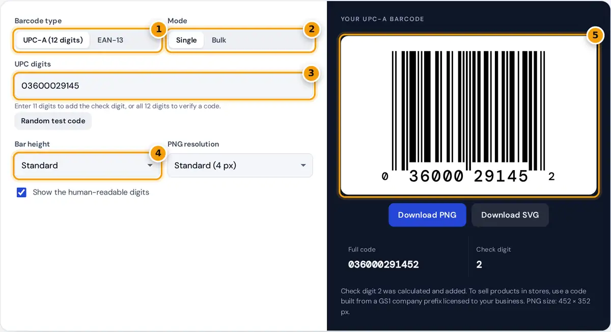 How to use the UPC barcode generator: choose UPC-A or EAN-13, type the digits, set height, then download the barcode