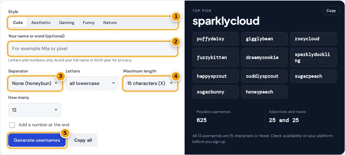 How to use the username generator: choose a style, add a word, set separator and length, then generate usernames