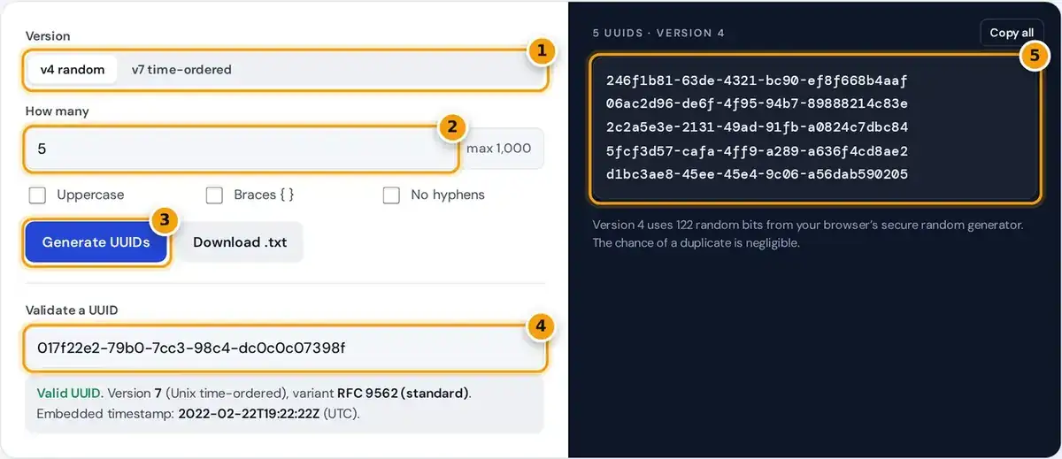 How to use the UUID generator: pick v4 or v7, set the count, generate, validate a UUID and copy the list