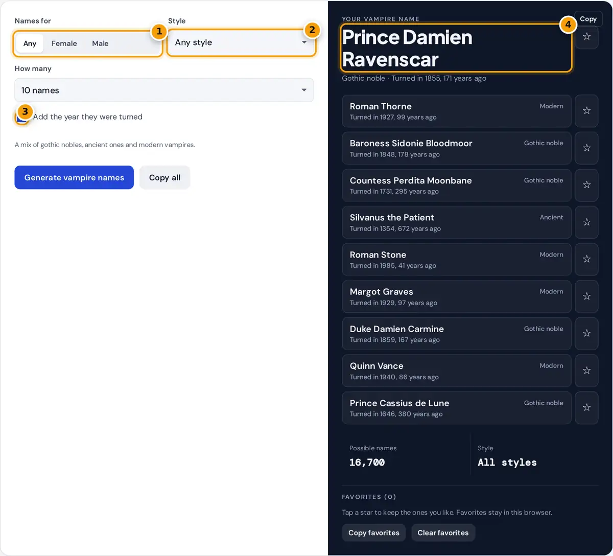 How to use the vampire name generator: choose gender and style, generate names, then copy or save favorites