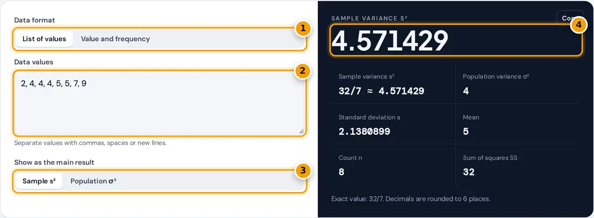 How to use the Variance Calculator: data format switch, values box, variance type and result
