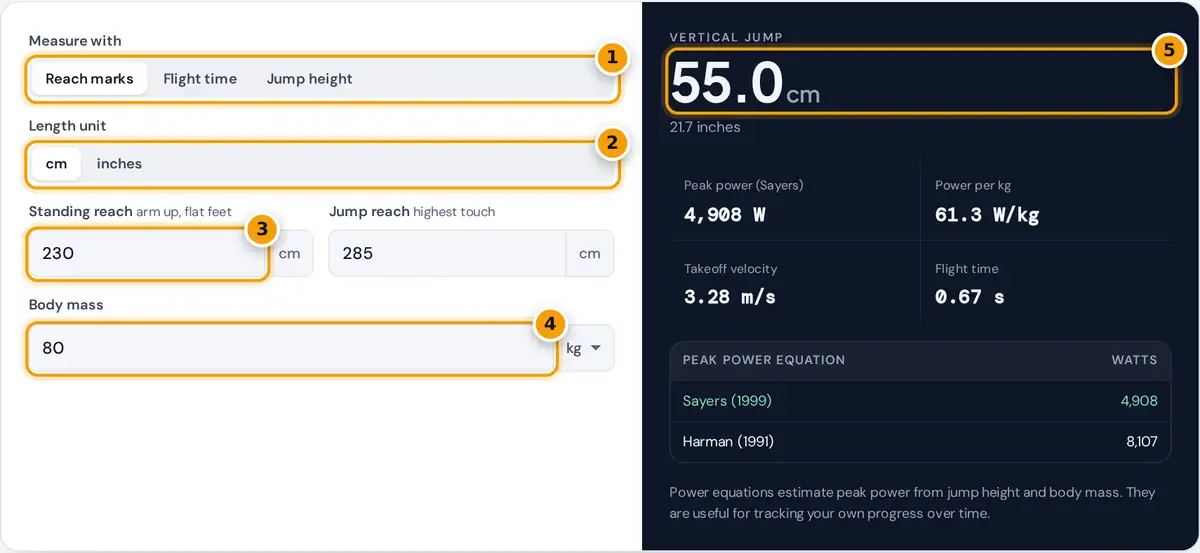 How to use the vertical jump calculator: pick a method and units, enter reach marks and body mass