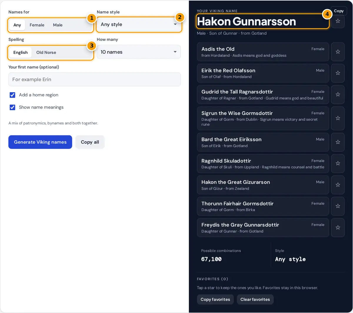 How to use the Viking name generator: choose gender, style and spelling, then copy or save a Norse name