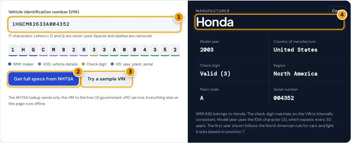 How to use the VIN decoder: paste a 17-character VIN, optionally fetch NHTSA specs, then read maker and year.