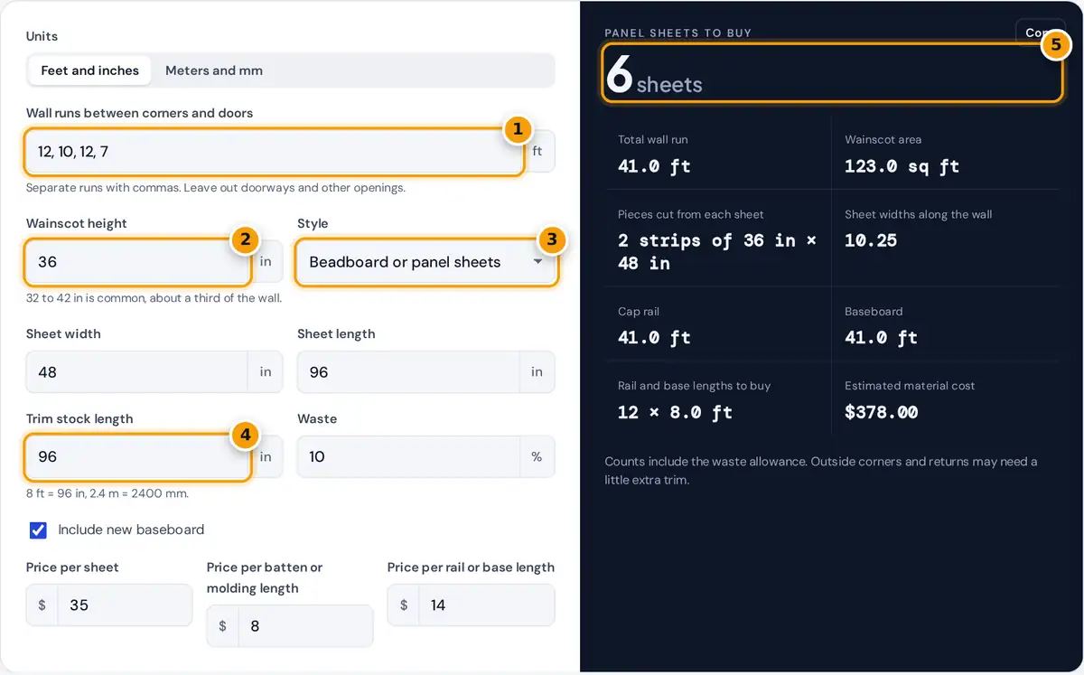 How to use the wainscoting calculator: enter wall runs and height, choose a style, read sheets and trim