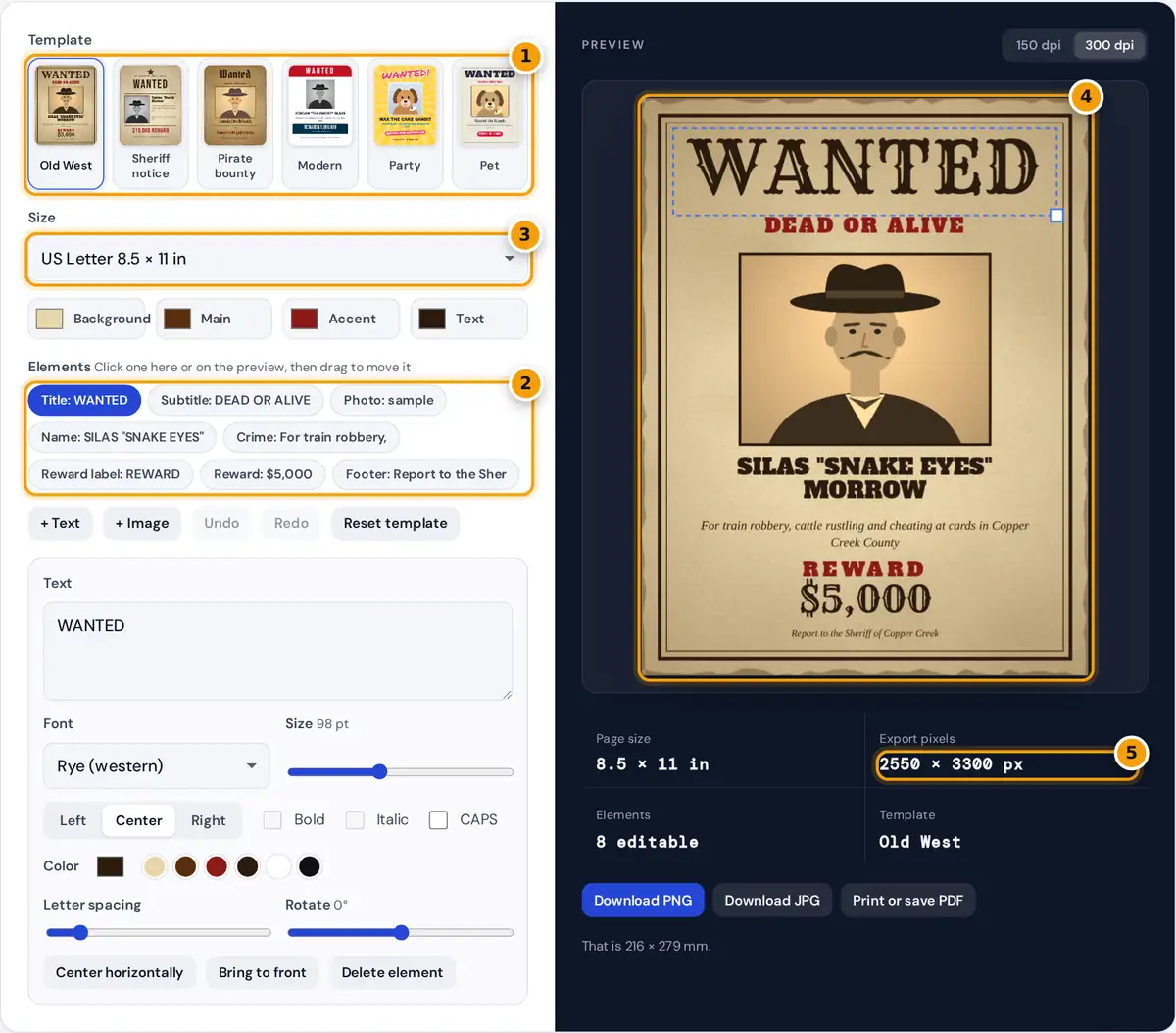 How to use the wanted poster maker: choose a style, add a photo, edit text and download