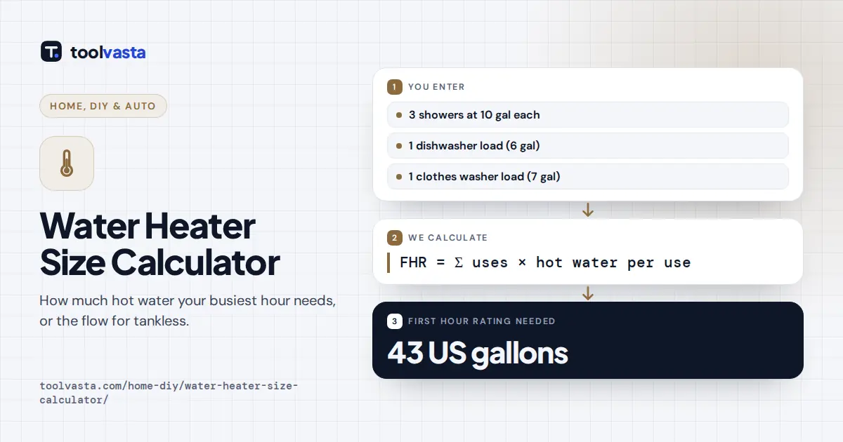 Water heater size calculator diagram: three showers, a dishwasher and a washer in one hour need a 43 gallon first hour rating