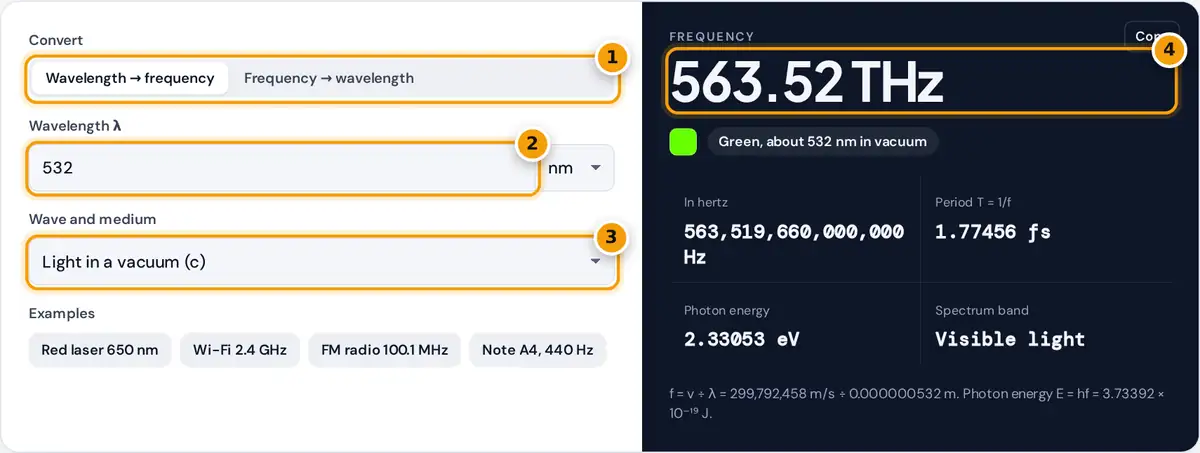 How to use the wavelength to frequency calculator: pick direction, enter value and medium, read the frequency