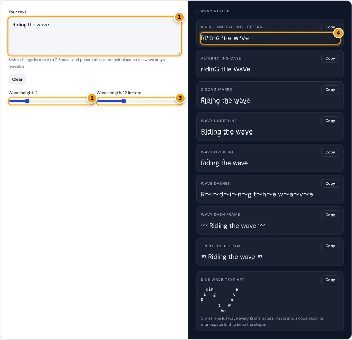 How to use the wavy text generator: type text, set wave height and length, copy a wavy style