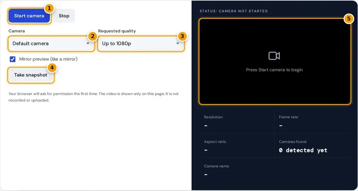 How to use the webcam test: start the camera, choose device and quality, then check the live preview