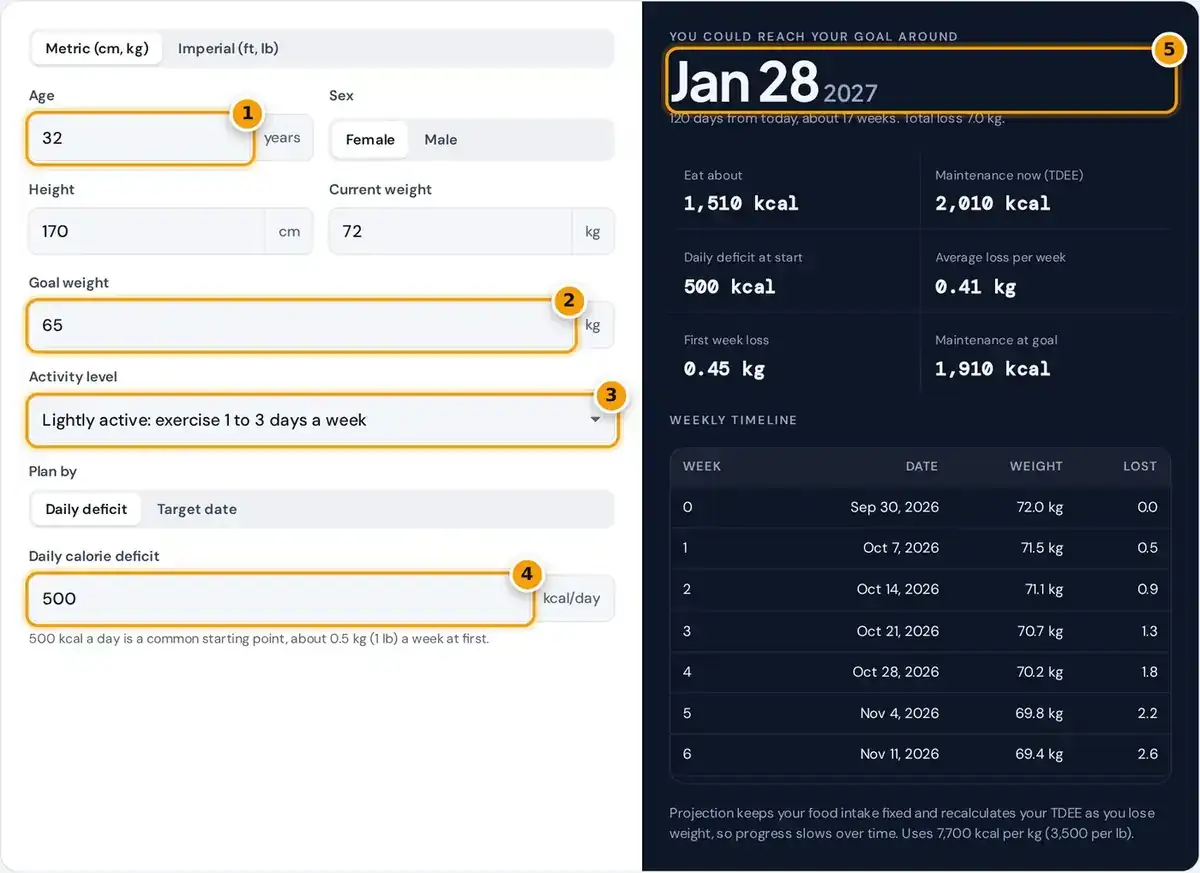 How to use the weight loss calculator: enter your details, goal weight and deficit, then read your goal date