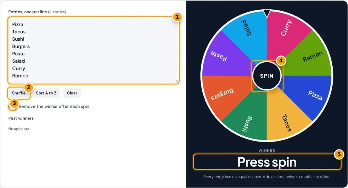 How to use the wheel spinner: enter options, choose settings, press SPIN and read the winner
