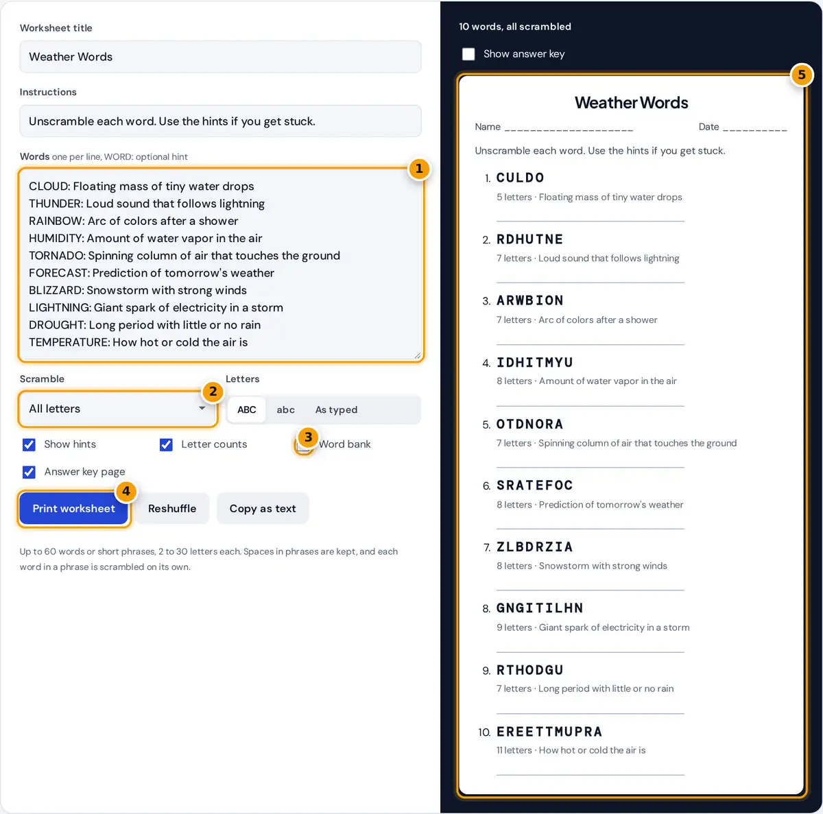 How to use the Word Scramble Maker: enter words, choose options, preview and print with an answer key