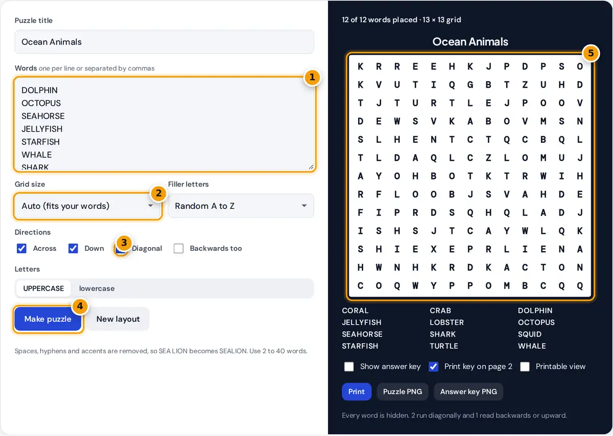How to use the word search maker: enter words, choose size and directions, make the puzzle, print or download