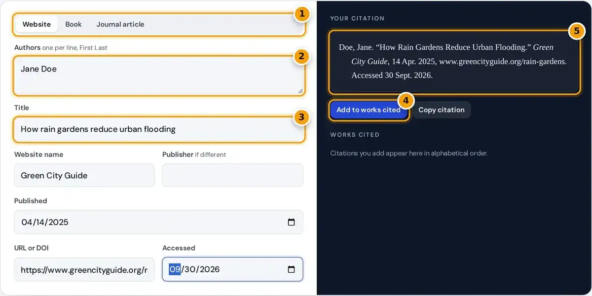 How to use the works cited generator: pick a source type, fill in author, title and dates, then copy the MLA 9 entry.