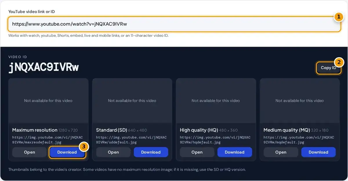 How to use the YouTube thumbnail downloader: paste a link, then download the HD, SD, HQ or MQ image